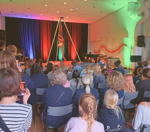 En publik av barn och vuxna sitter och tittar på ett akrobatiskt framträdande, där en person gör konster i hängande tygstycken. På scenen är det lampor med olika färger.